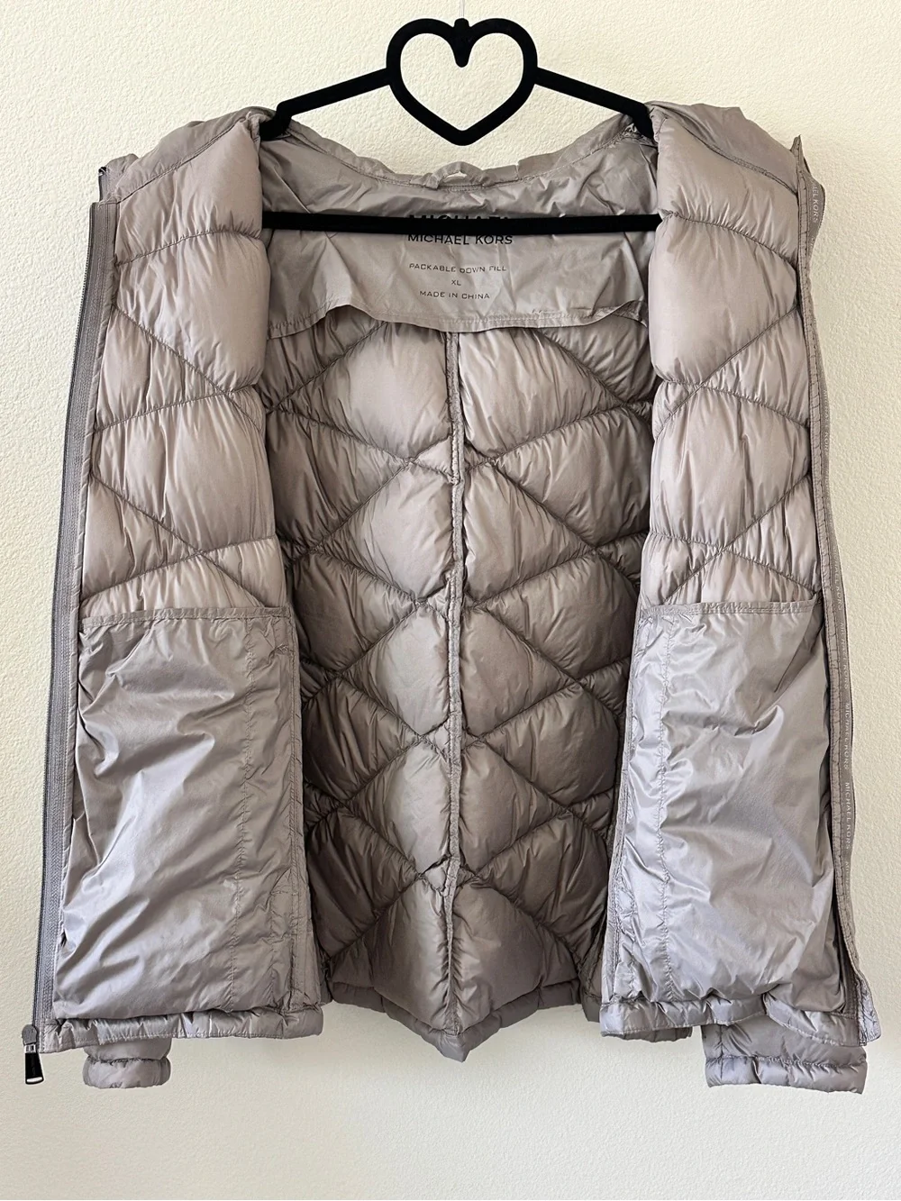 Michael Kors Taupe Quilted Hooded Packable Down Fill Puffer Jacket Size XL